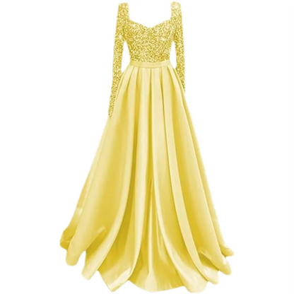 Long Sleeve Sequin Prom Long Satin Women Formal A-Line Evening Party Ball Gown Dress w/ Pockets