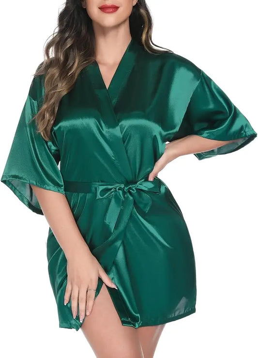 Women Nightgown Solid Color Kimono Bathrobe Satin Wedding Bridal Sleepwear
