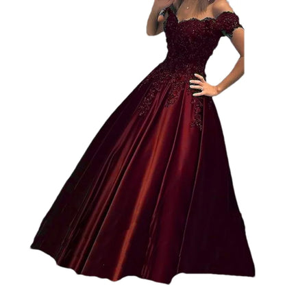 Women A-Line Long Off The Shoulder Satin Formal Gowns Sequin Lace Appliques Corset Prom Evening Dress w/ Pockets