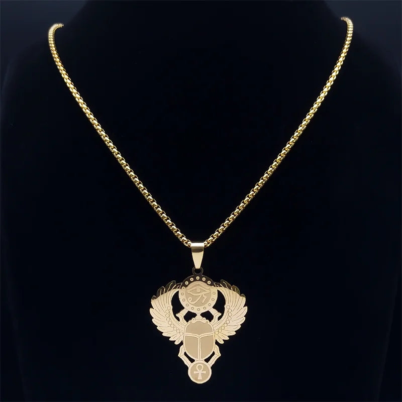 Key Of Life Egyptian Scarab Eye of Ra Horus Symbol Stainless Steel Gold Color Pendant Necklace