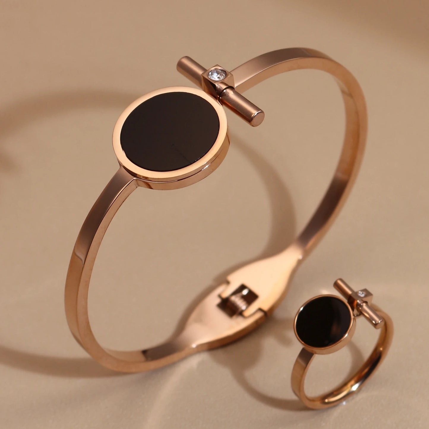 Women 2-In-1Black Acrylic Zirconia Stainless Steel Ring Bangle Bracelet Gifts Set