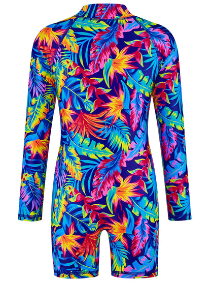 Girls Kids One-Piece Long Sleeve All-over Plant Print Beach Boyleg Shorts Swimming Suit Swimsuit