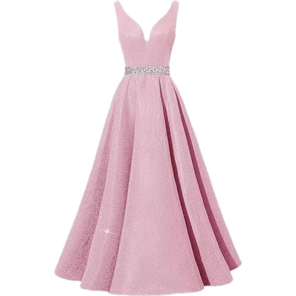 Women Glitter Satin Prom Long Corset V-Neck Beaded Belt Formal Evening Party Dress w/ Pockets