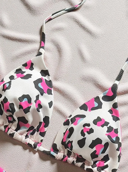 Sexy Leopard Halter Low Waist Lace-Up Two-Piece Triangle Thong Swimwear Brazilian Side-Tie Bikini Suit