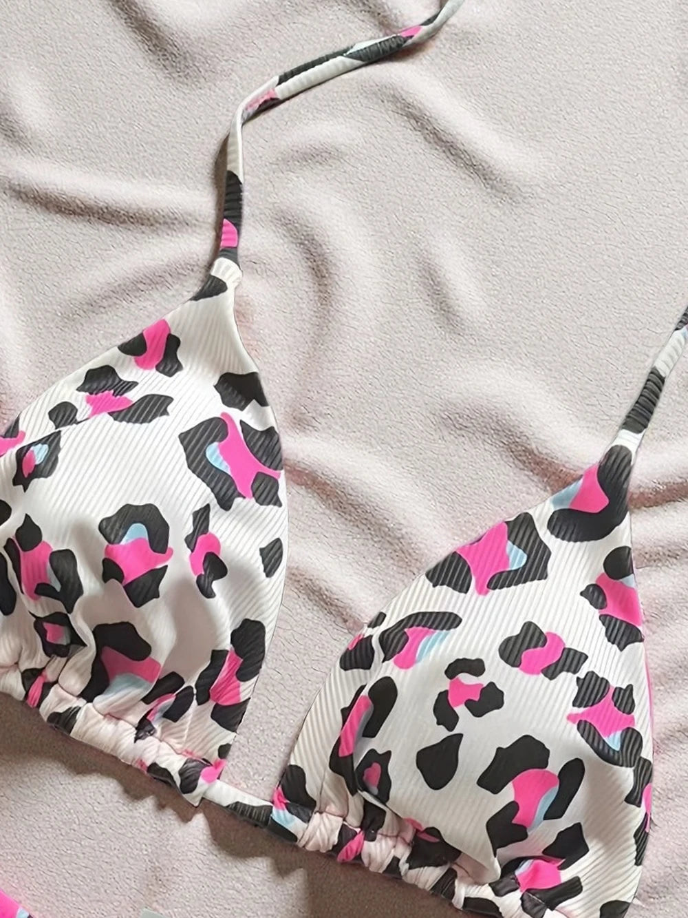 Sexy Leopard Halter Low Waist Lace-Up Two-Piece Triangle Thong Swimwear Brazilian Side-Tie Bikini Suit