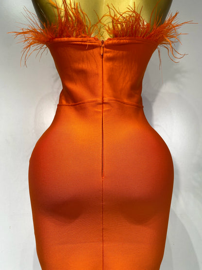 Sexy Backless Yellow Bandage Strapless Celebrity Elegant Feather Birthday Club Party Dress