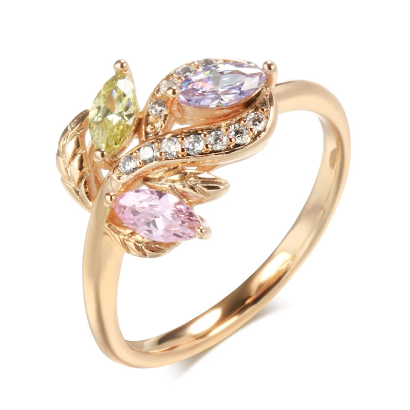 Women Colorful Crystal Flower Romantic 585 Rose Gold Bride Wedding Rings