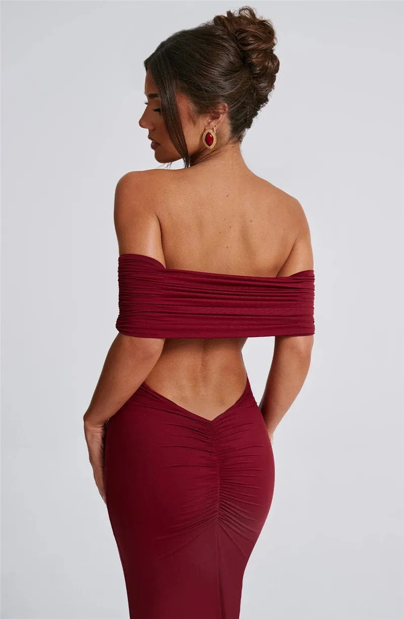 Women Strapless Backless Maxi Solid Off-shoulder Sleeveless Bodycon Long Dress