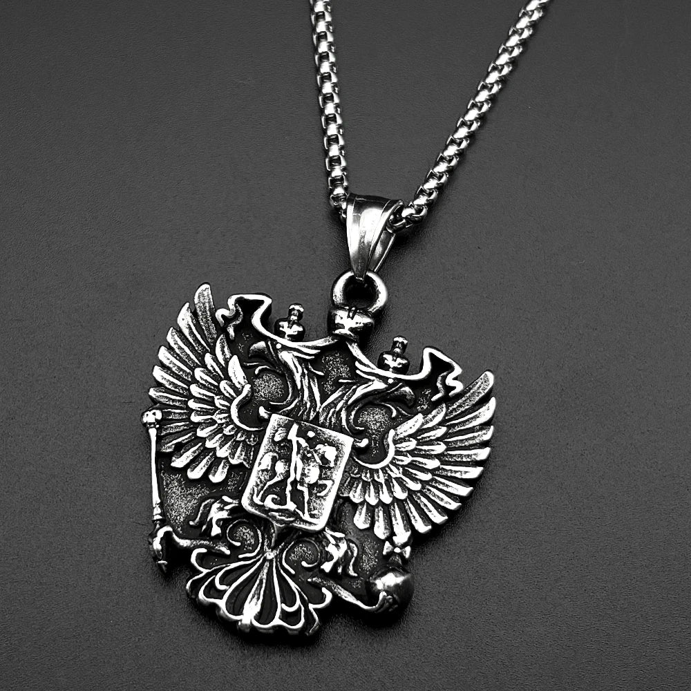 Women Men Silver Color Stainless Steel Russian Double-Headed Eagle National Emblem Symbol Pendant Necklace