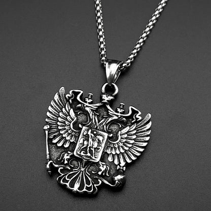 Women Men Silver Color Stainless Steel Russian Double-Headed Eagle National Emblem Symbol Pendant Necklace