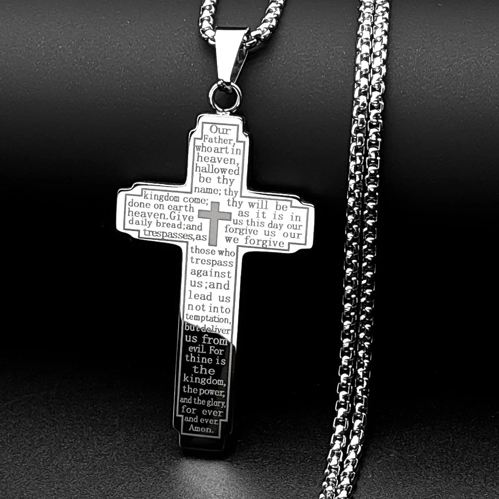 Men Stainless Steel Christian Bible Cross Religious Prayer Chain Big Pendant Necklace