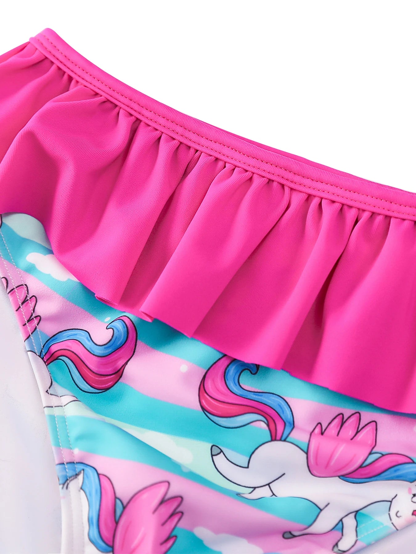 2pcs Kids Girls Long Sleeve Cartoon Horse Rainbow Print Beach Tops & Swim Briefs Swimsuit