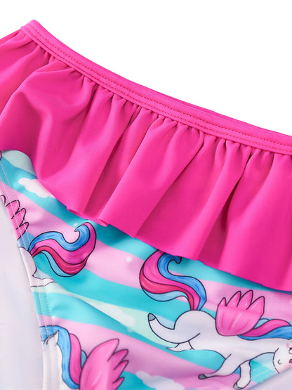 2pcs Kids Girls Long Sleeve Cartoon Horse Rainbow Print Beach Tops & Swim Briefs Swimsuit