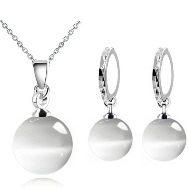 Natural Moonstone 8mm Silver Plated Fashion Necklace Earring Sets