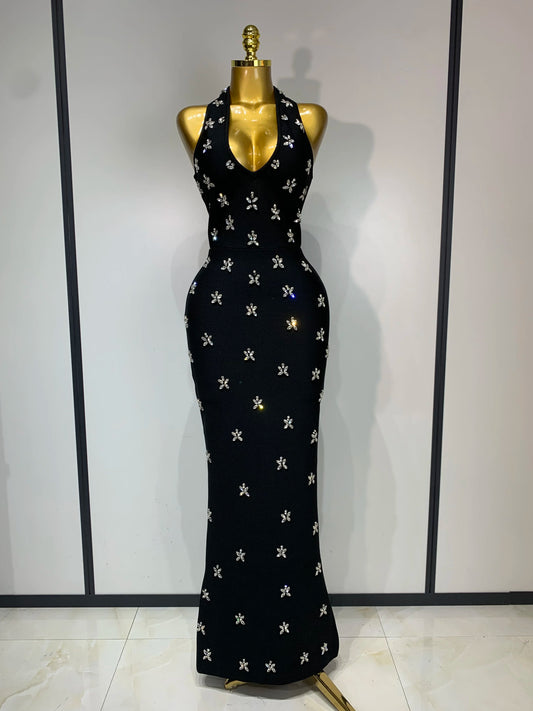 Women Black Sleeveless Backless Bandage Sexy Halter Diamonds Evening Party Birthday Dress