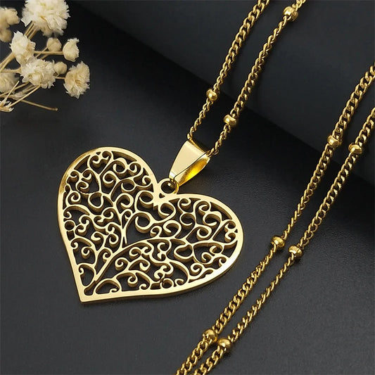Aesthetic Love Heart Tree of Life Hollow Stainless Steel Gold Color Bead Chain Pendant Necklace