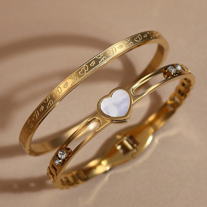 Luxury Heart-Shaped Shell Zircon Design 18K Gold-Plated Stainless Steel Bracelet Bangles