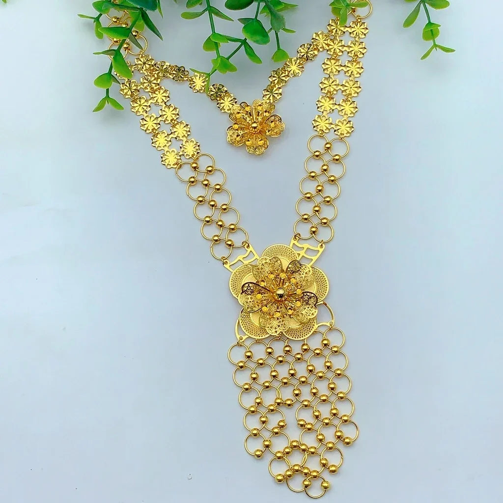 Italian Long Flower Women Bridal Indian Dubai Gold Color Necklace Earrings Sets