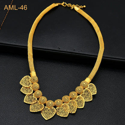Dubai 24K Gold Plated Women Heart African Indian Bridal Wedding Necklace Earrings Jewelry Set