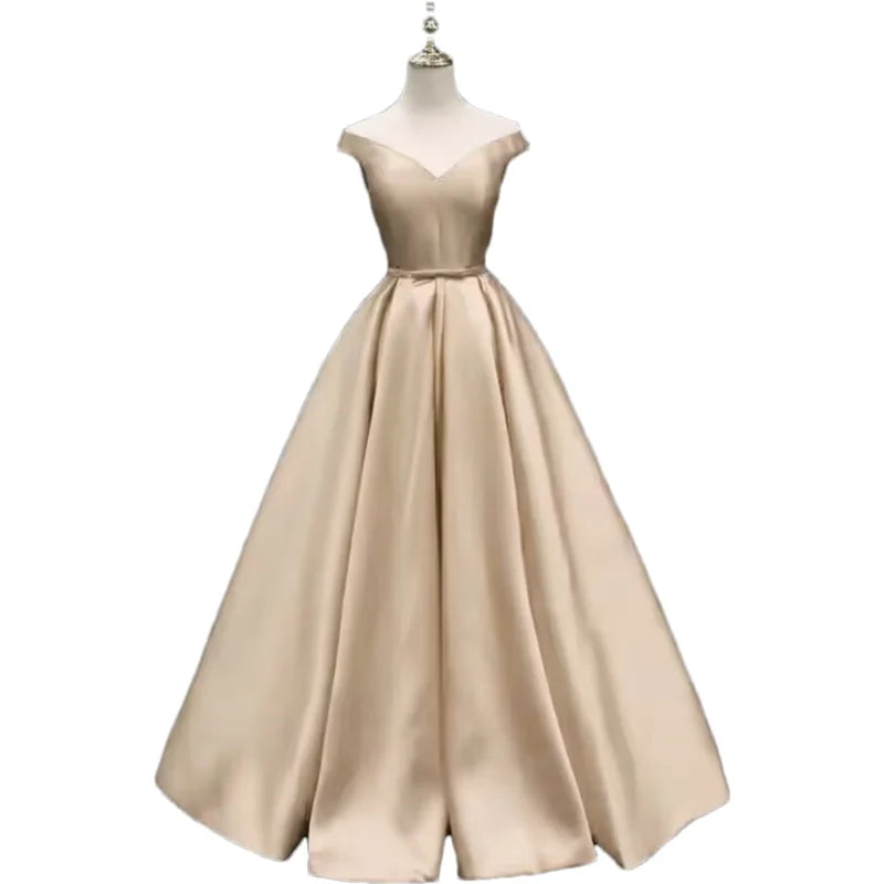 Off-Shoulder A-Line Satin Formal Women Prom Long Evening Party Gown Dress w/ Pockets