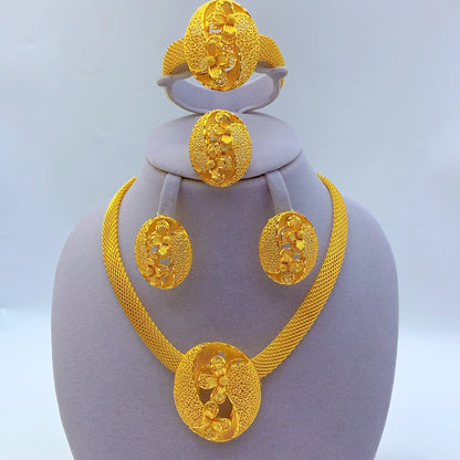African Indian 24K Gold Plated Women Dubai Wedding Necklace Earrings Bracelets Ring Jewelry Sets