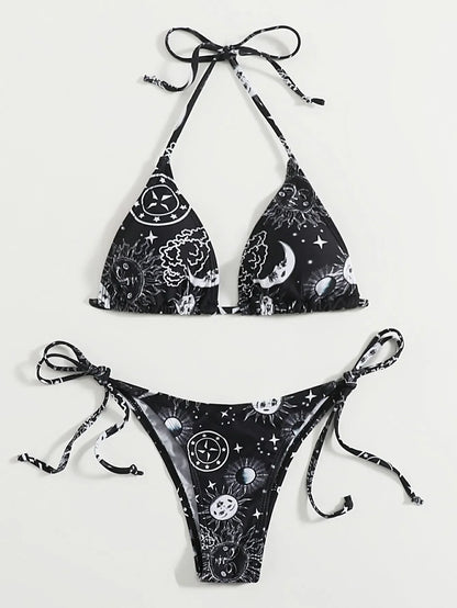 2pcs sexy gothic print triangle high waist thong Swimwear Set