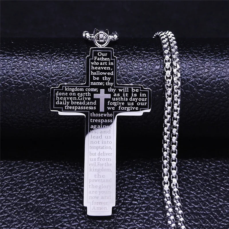 Men Stainless Steel Christian Bible Cross Religious Prayer Chain Big Pendant Necklace