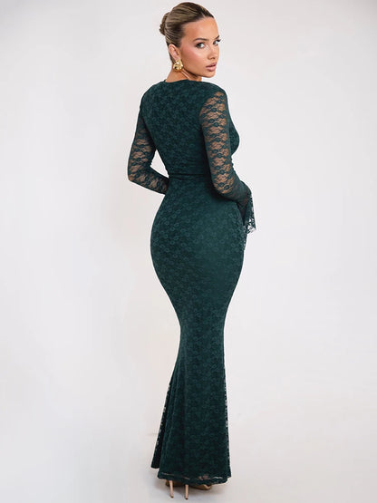 Elegant Lace Long Sleeve Maxi Fashion Deep V Neck Bodycon Party Long Dress