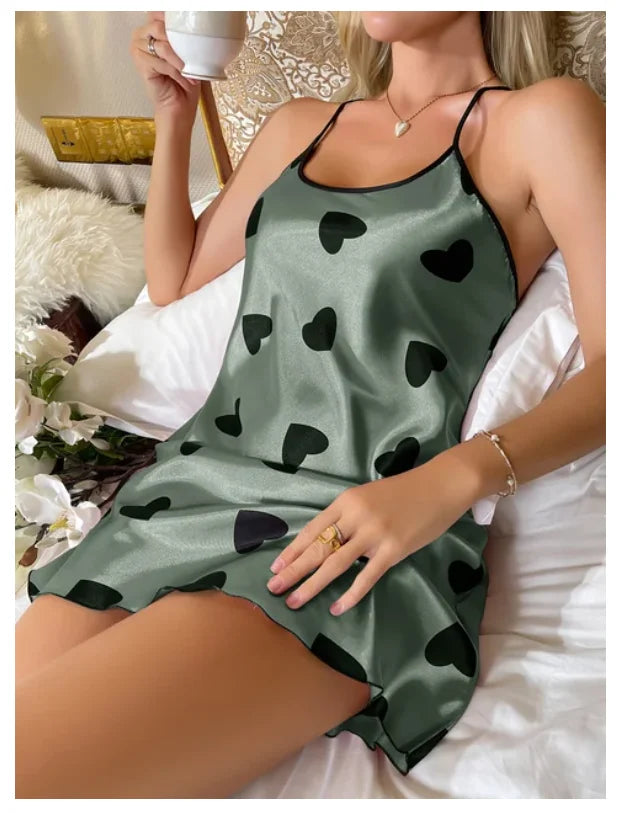 Heart Print Scoop Neck Criss Cross Women's Sleepwear Nightdress
