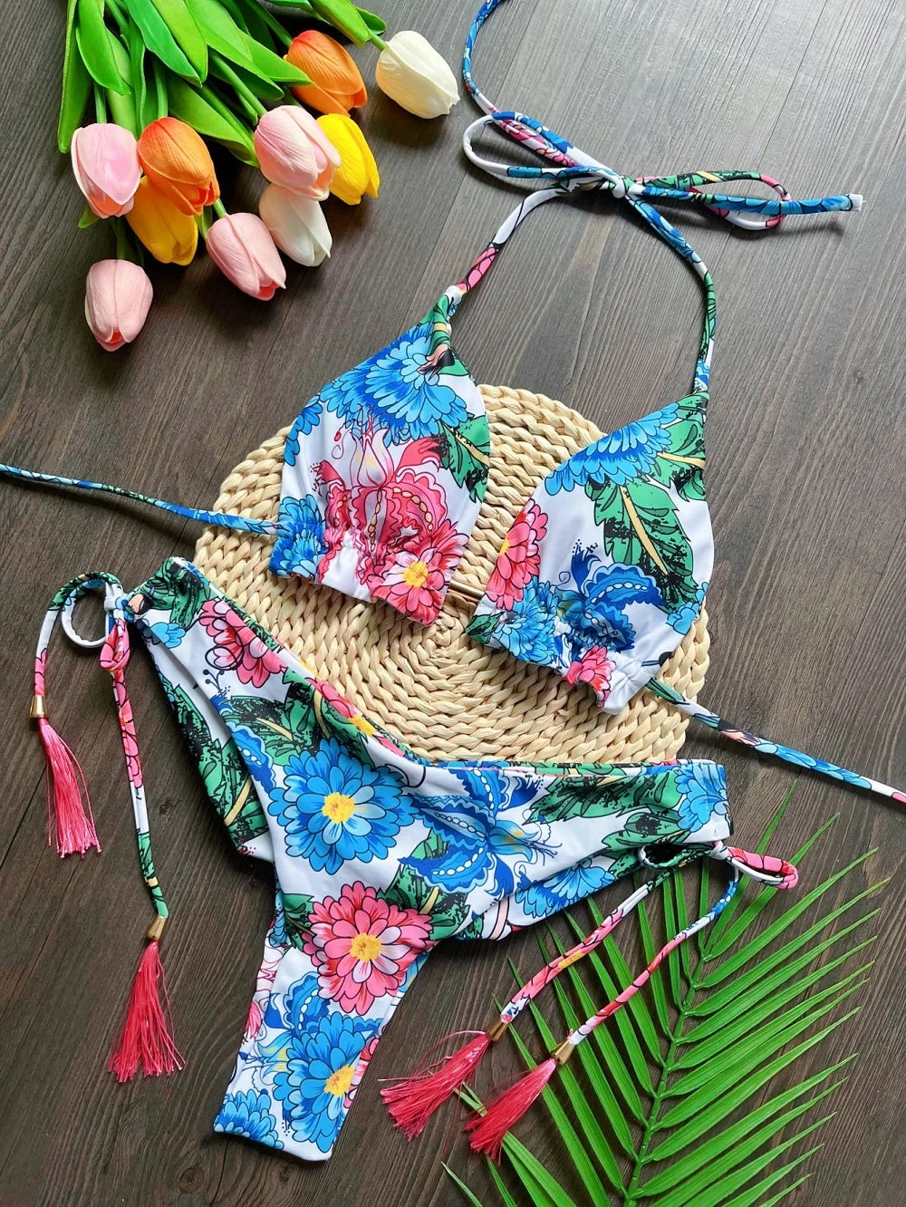 Sexy print bikini swimsuit split straps tassels 2-piece summer beach swimsuit Suit