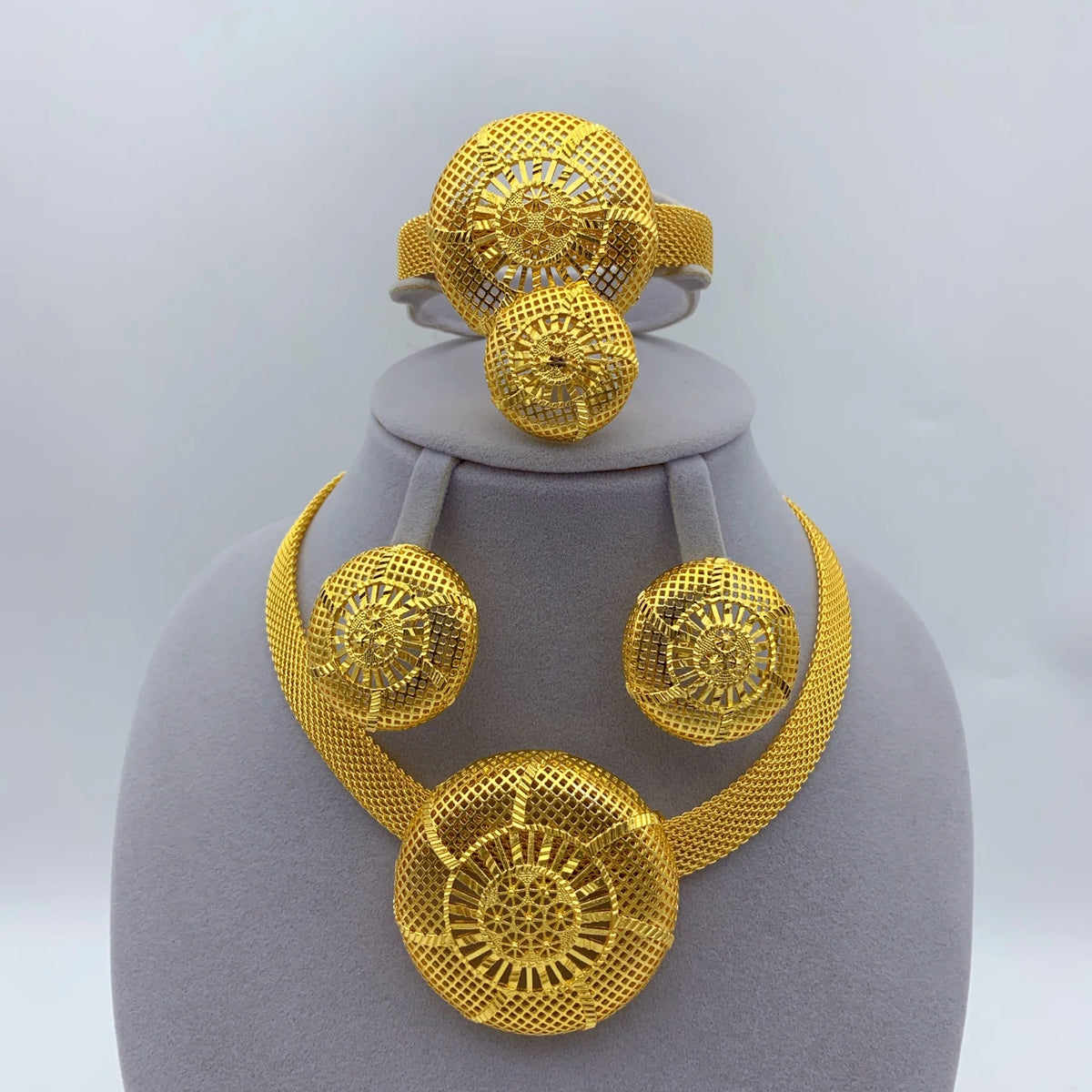 Dubai Women Wedding Gold Plated African Indian Round Necklace Earrings Jewelry Sets
