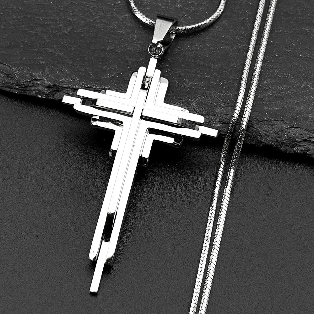 Men Women Gold Silver Color Hip Hop Crucifix Chain Amulet Stainless Steel Multi-layer Jesus Cross Pendant Necklace