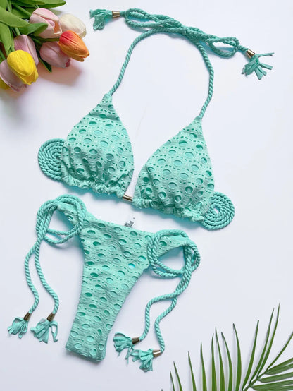 sexy women split swimsuit 2-piece beach swimsuit w/ braided straps bikini set