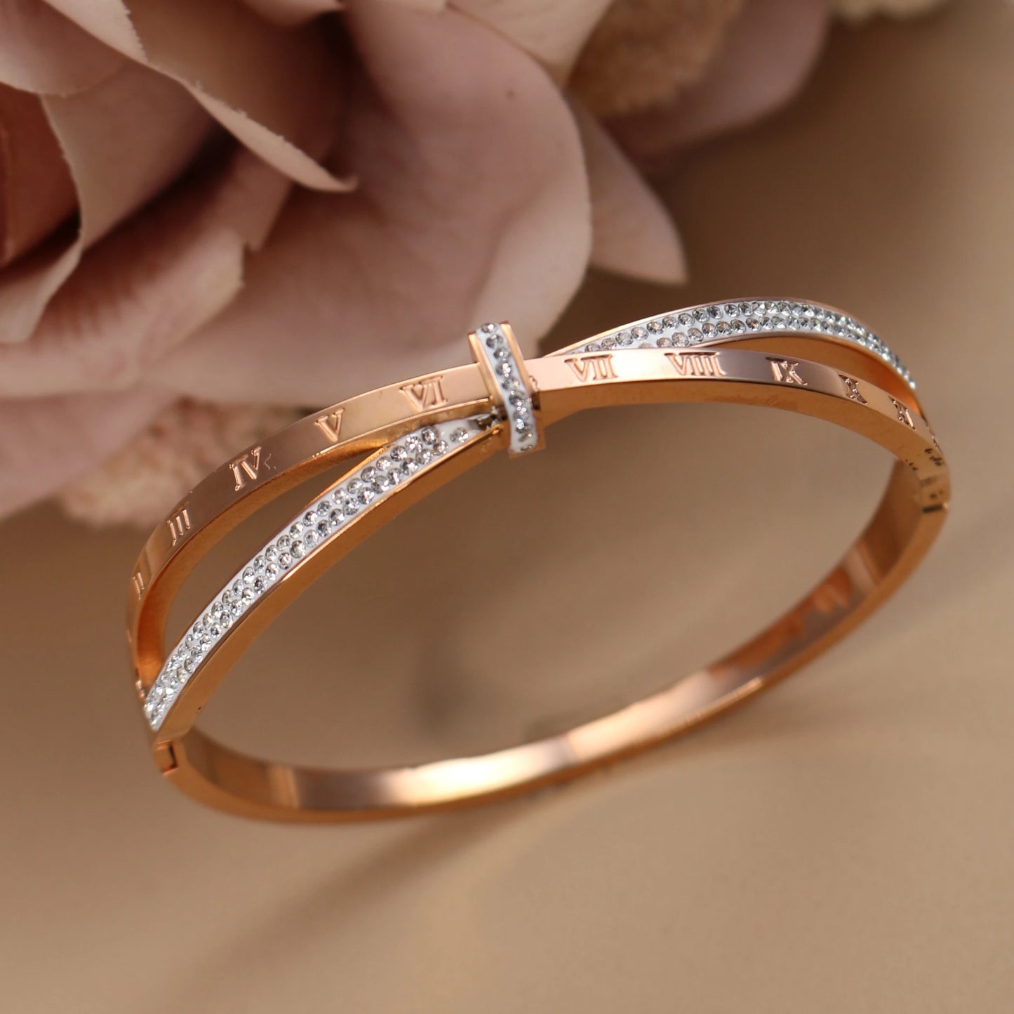 Love Charm 18k Gold Stainless Steel Crystal Cross Roman Numerals Bangle Bracelet