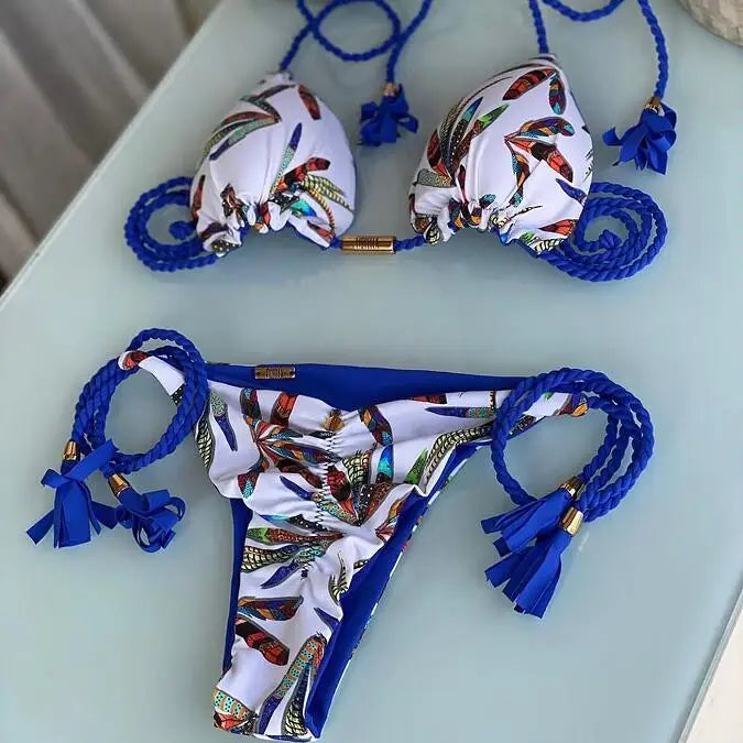 Women Low Waist Two Pieces Botanical-Print Braided Rope Bikini Swimsuit Beachwear Bathing Swimwear