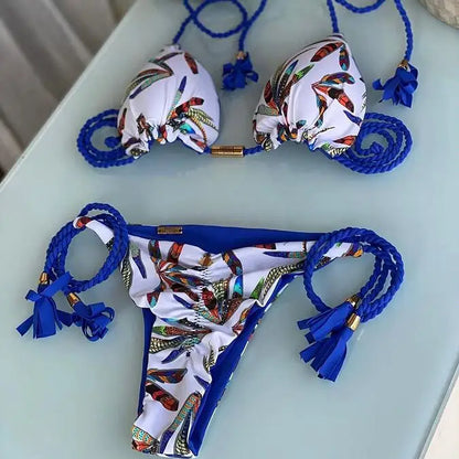 Women Low Waist Two Pieces Botanical-Print Braided Rope Bikini Swimsuit Beachwear Bathing Swimwear