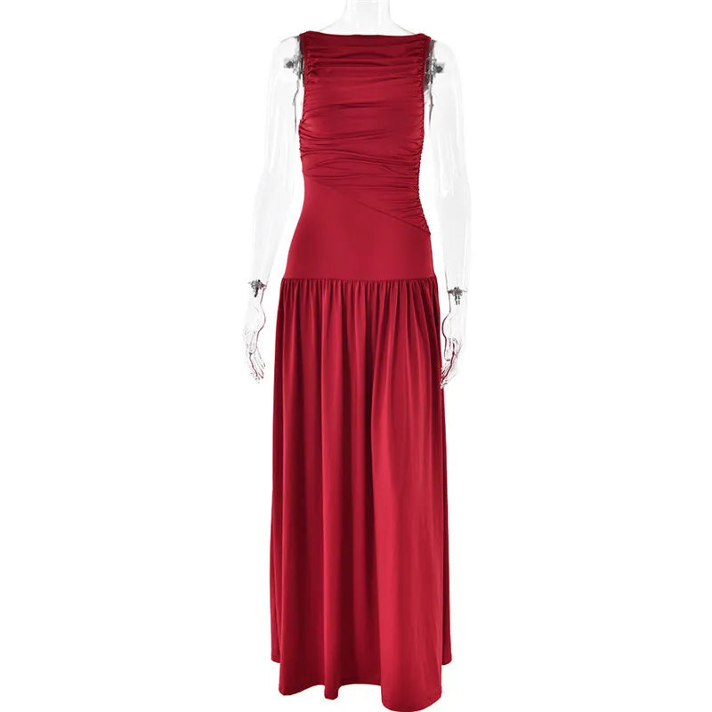 Elegant Sleeveless Women Fashion Solid Boat Neck Tank Ruched Long Dress Gown