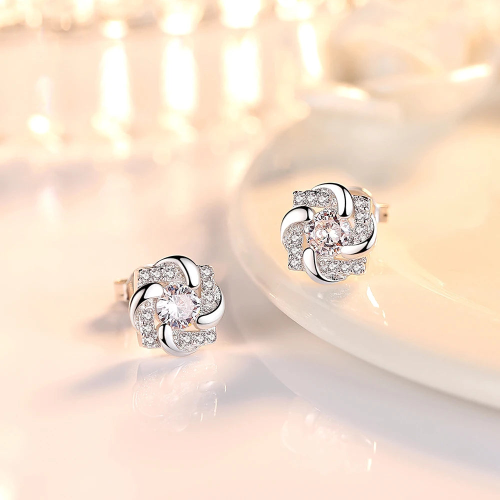 Solid 925 Sterling Silver Crystal Zircon Trendy Flower Stud Earrings
