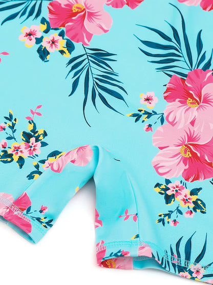 Girls Kids One Piece Long Sleeve Floral Print Beach Swim Rash Guard Boyleg Shorts Swimwear