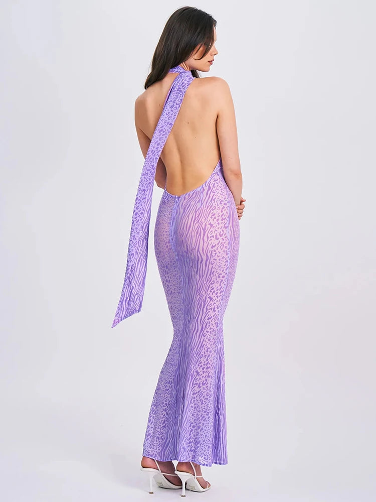 Women Purple Sheer Leopard Print Sexy Maxi Dress Women See Through Halter Draped Sleeveless Backless Bodycon Party Long Dress