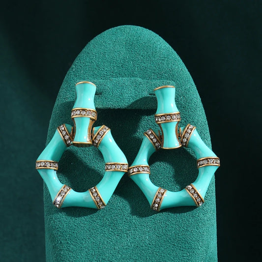 Vintage Blue Green Drip Oil Snake Bamboo Women Designer Earrings