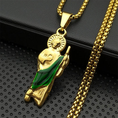 Women Men Stainless Steel Gold Color St. Jude Religious San Judas Tadeo Pendant Necklace