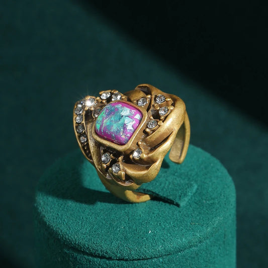 Vintage Purple Opal Real Flame Rhinestone Irregular Antique18k Gold Color Designers Ring