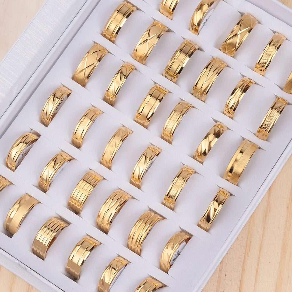 24pcs/lot Fashion Stainless Steel Stripe Gold Color Men Mix Stylish Rings