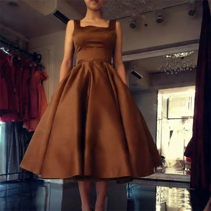 Women's Square Neck Satin Prom Bow A Line Backless Tea Length Formal Evening Party Dress w/ Pockets