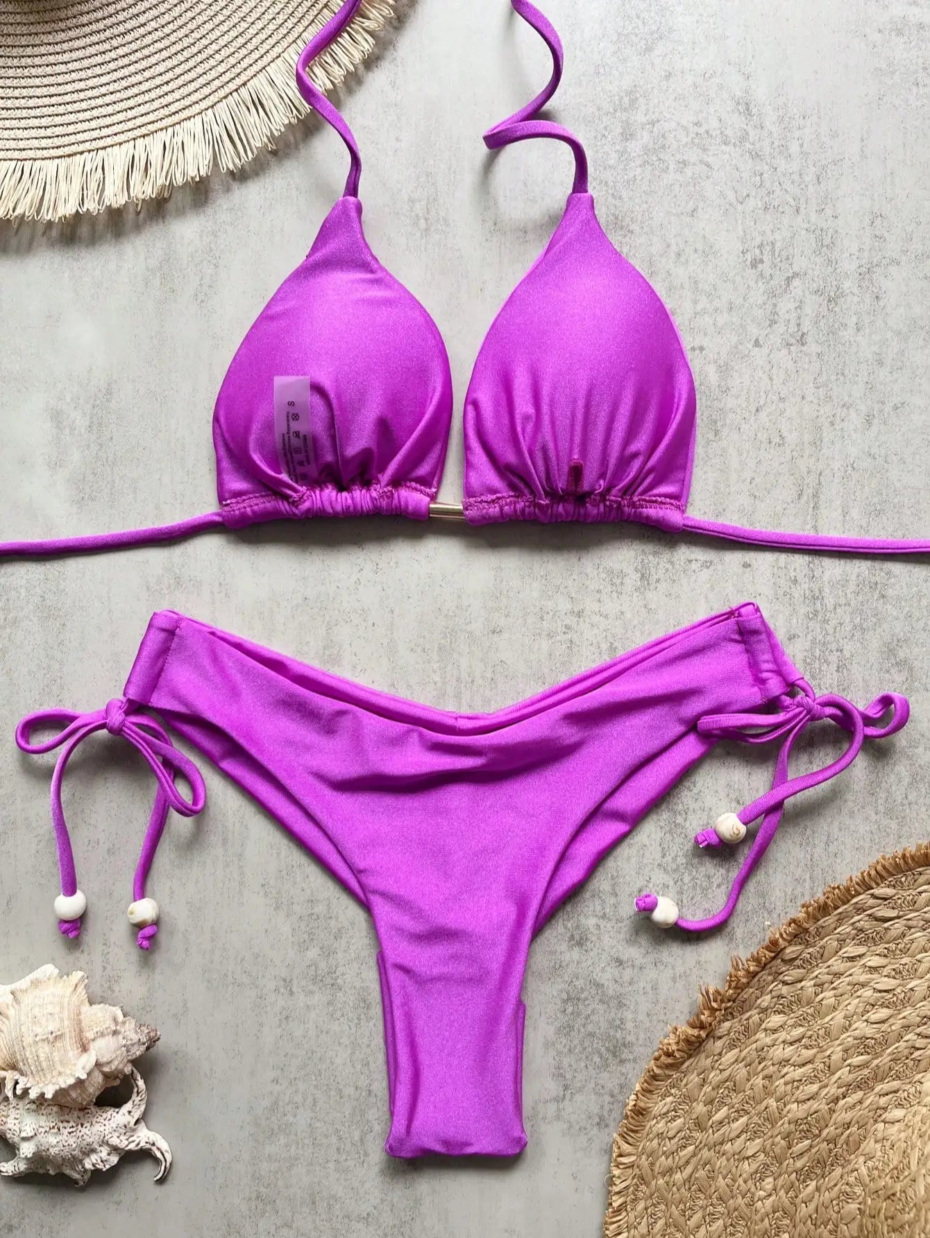 Solid Color Bikini Swimsuit Hanging Neck Rope Split Swimsuit 2-piece Beachwear Suit