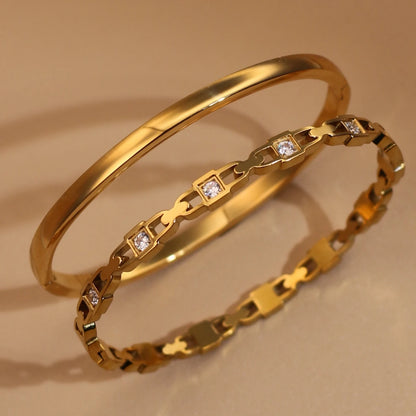 2-in-1 Geometric Zircon Design 18K Gold Plated Stainless Steel Bracelet Bangle
