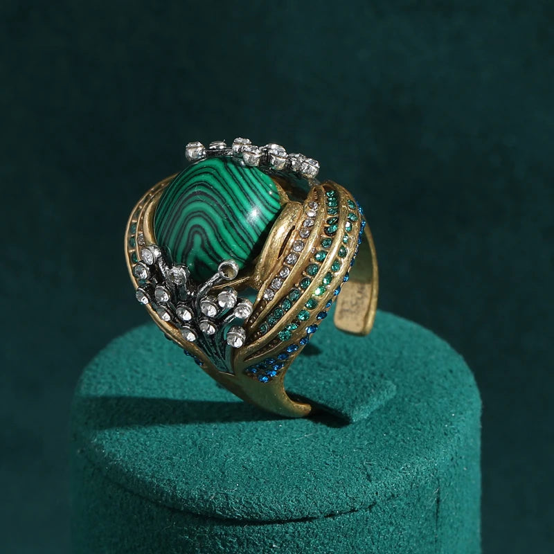 Women Vintage Antique Gold Color Oval Crystal Emerald Round Natural Stone Rings