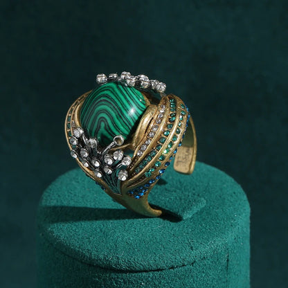 Women Vintage Antique Gold Color Oval Crystal Emerald Round Natural Stone Rings