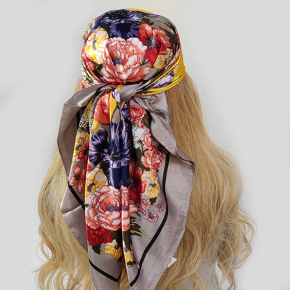 90cm Women Four Seasons Square Silk Satin Oil Painting Prints Bandana Wrap Shawl Scarves Scarfs gfK5
